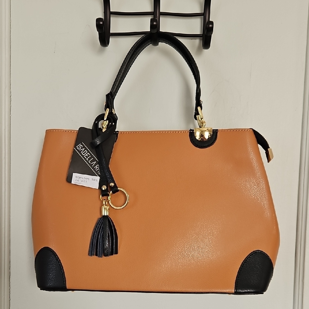 NWT Isabella Fiore Neiro Tan and Black Structured Tote with Tassel